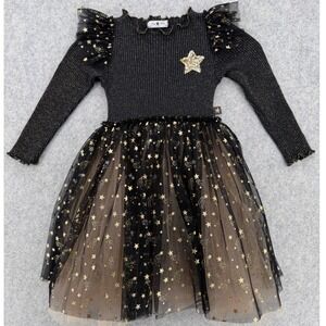 Petite Hailey Tutu Dress Kids 4 Black Gold Star Ribbed Tulle Shiny Party Ballet